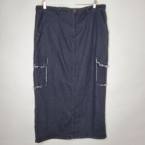 Cargo Pocket Jean Maxi Skirt 3X Black Wash Stretch Denim Midi Goth Distressed